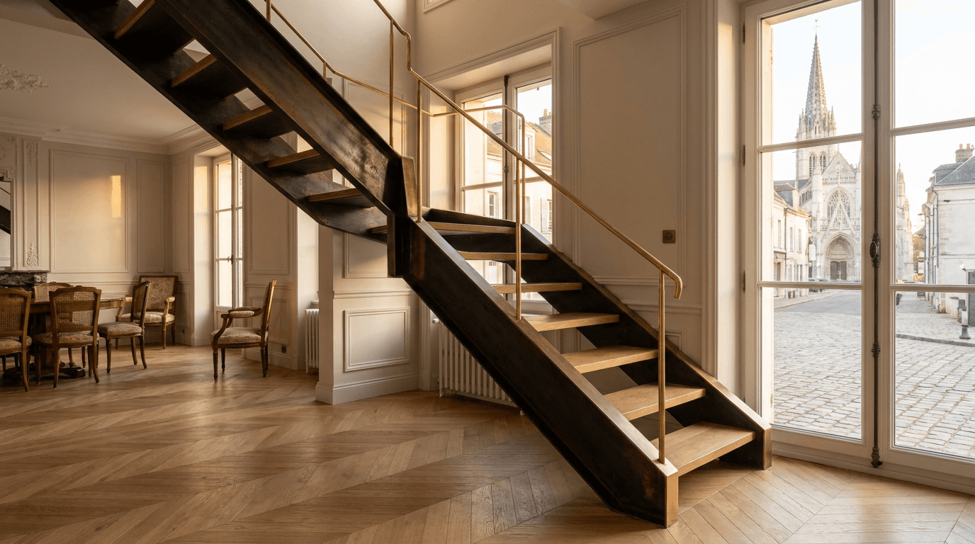 Escalier acier S235JR limon central patine bronze + marches chêne massif point de Hongrie + main courante laiton — Pontoise (Val-d’Oise 95, maison proche cathédrale Saint-Maclou) — AZ Construction Bruyères-sur-Oise — DTU 36.3