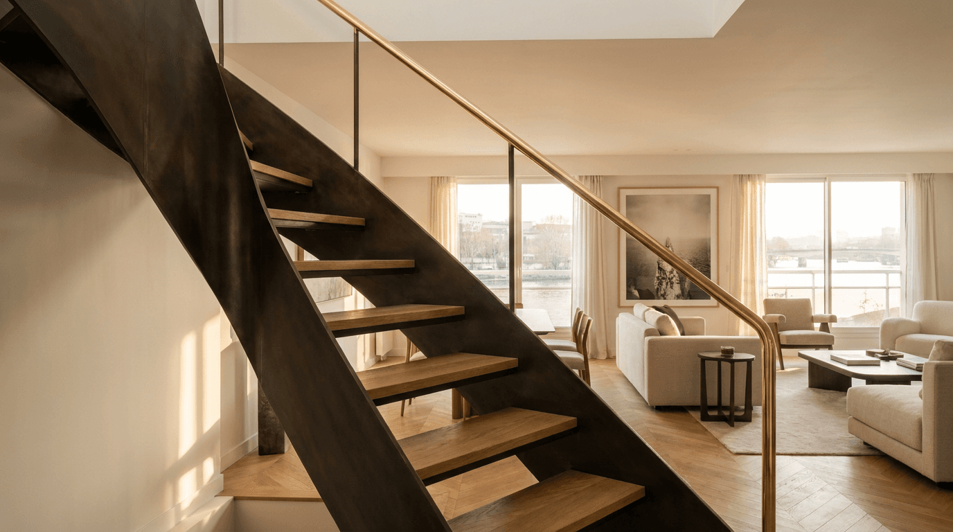Escalier acier S235JR limon central patine bronze + marches chêne massif point de Hongrie + main courante laiton — Bezons (Val-d’Oise 95, apt bord Seine) — AZ Construction Bruyères-sur-Oise — DTU 36.3