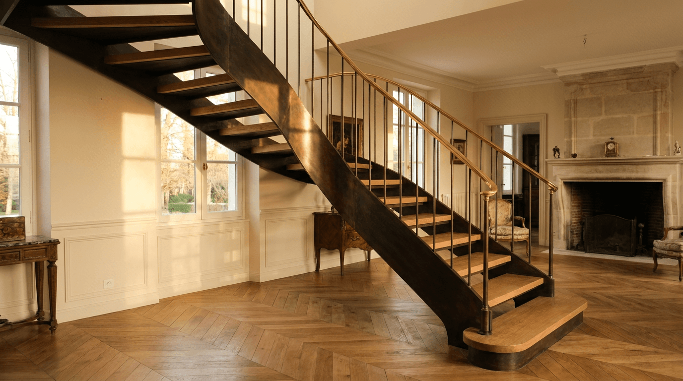 Escalier acier S235JR limon central patine bronze + marches chêne massif point de Hongrie + main courante laiton — Bruyères-sur-Oise (Val-d’Oise 95, atelier AZ Construction local) — AZ Construction Bruyères-sur-Oise — DTU 36.3