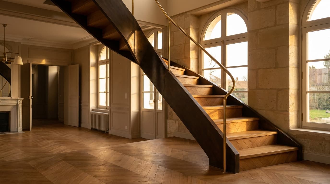 Escalier acier S235JR limon central patine bronze + marches chêne massif point de Hongrie + main courante laiton — Melun (Seine-et-Marne 77, maison préfecture) — AZ Construction Bruyères-sur-Oise — DTU 36.3