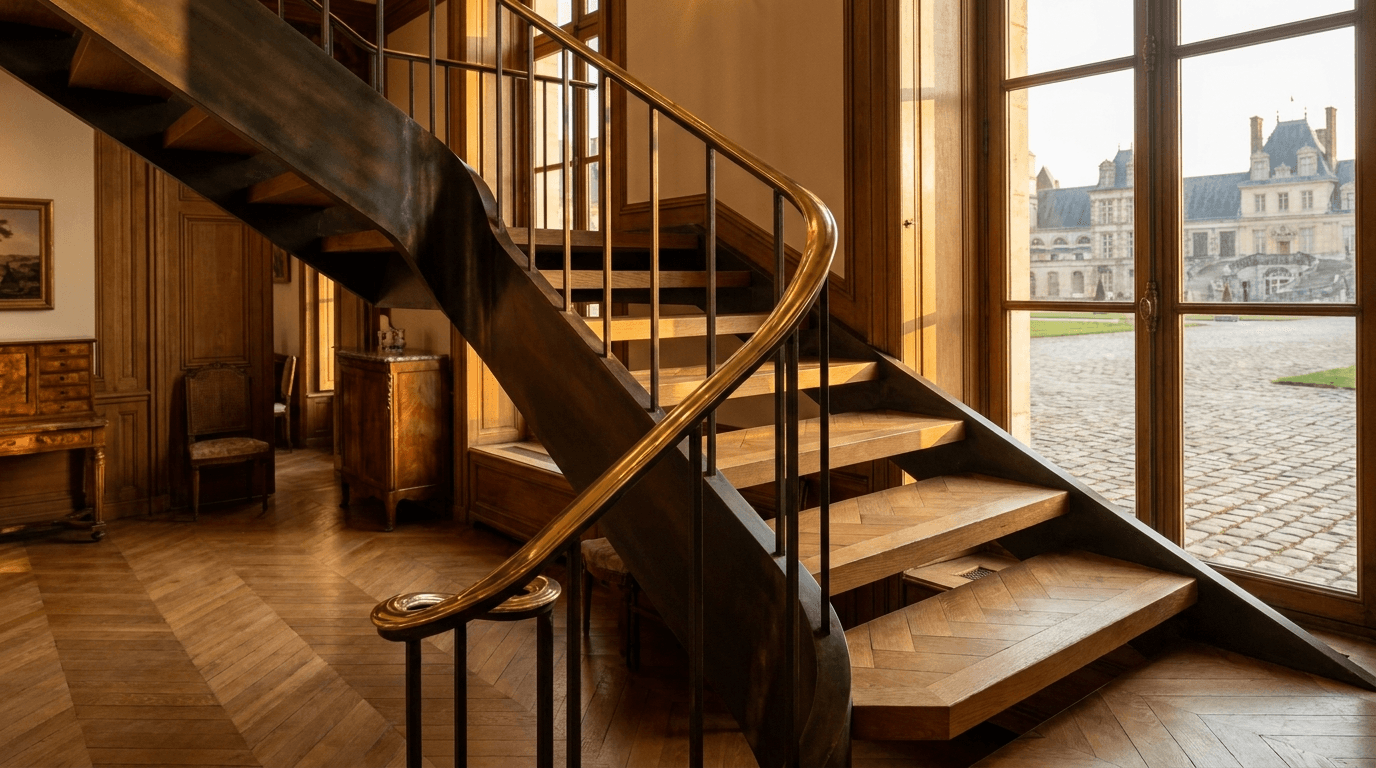 Escalier acier S235JR limon central patine bronze + marches chêne massif parquet versailles + main courante laiton — Fontainebleau (Seine-et-Marne 77, hôtel particulier proche Château) — AZ Construction Bruyères-sur-Oise — DTU 36.3