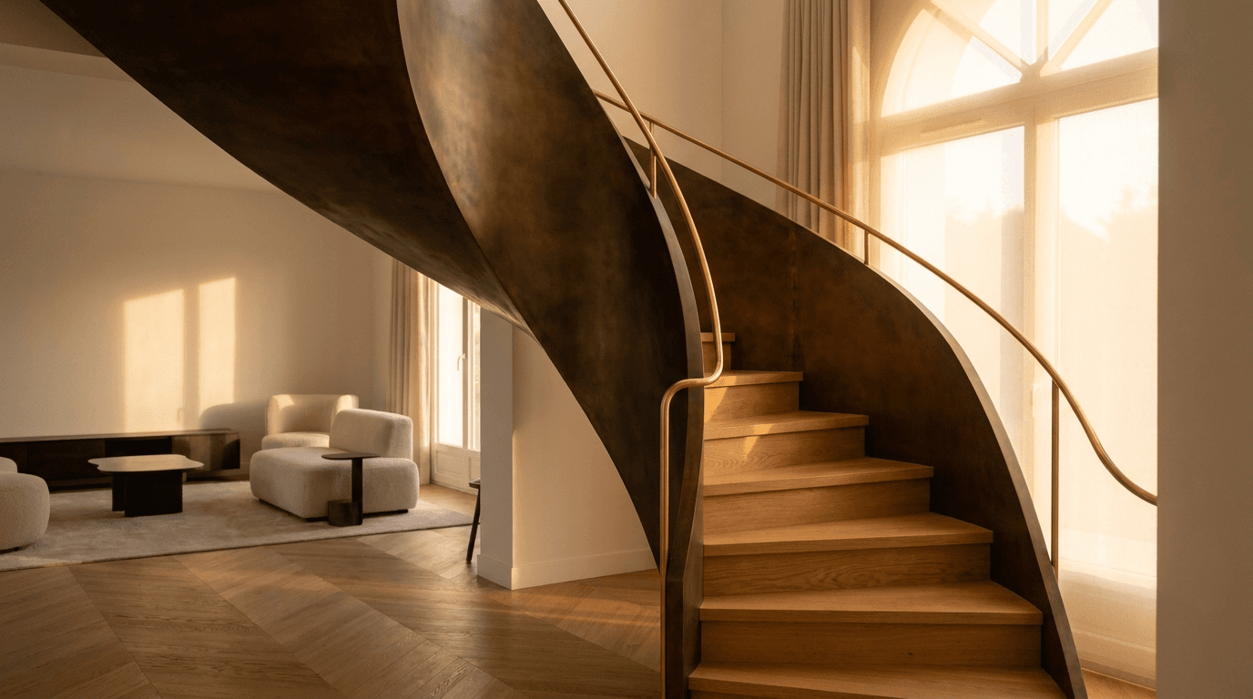 Escalier acier S235JR limon central patine bronze + marches chêne massif point de Hongrie + main courante laiton — Chessy (Seine-et-Marne 77, villa proche Marne-la-Vallée) — AZ Construction Bruyères-sur-Oise — DTU 36.3