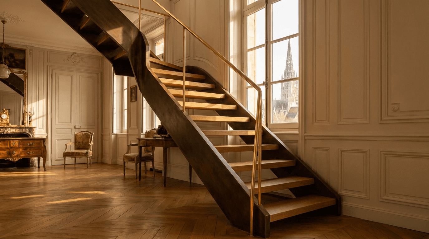 Escalier acier S235JR limon central patine bronze + marches chêne massif point de Hongrie + main courante laiton — Beauvais (Oise 60, maison proche cathédrale Saint-Pierre) — AZ Construction Bruyères-sur-Oise — DTU 36.3