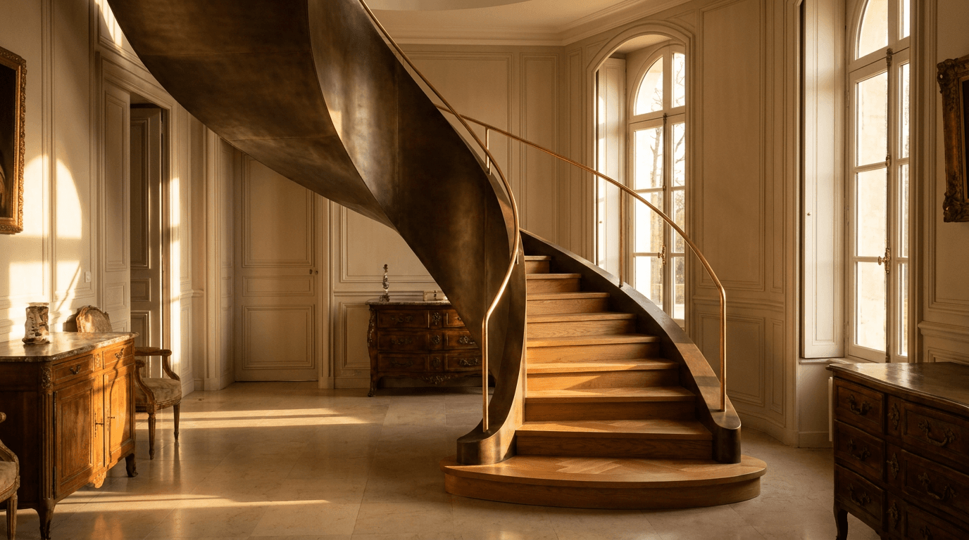 Escalier acier S235JR limon central patine bronze + marches chêne massif parquet versailles + main courante laiton — Compiègne (Oise 60, hôtel particulier proche Château) — AZ Construction Bruyères-sur-Oise — DTU 36.3