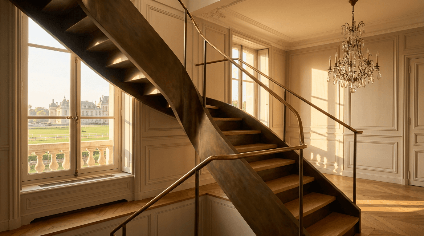 Escalier acier S235JR limon central patine bronze + marches chêne massif parquet versailles + main courante laiton — Chantilly (Oise 60, hôtel particulier proche Château hippodrome) — AZ Construction Bruyères-sur-Oise — DTU 36.3