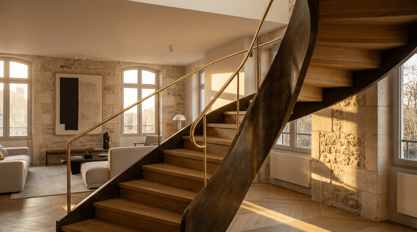 Escalier acier S235JR limon central patine bronze + marches chêne massif point de Hongrie + main courante laiton — Creil (Oise 60, maison bord Oise) — AZ Construction Bruyères-sur-Oise — DTU 36.3
