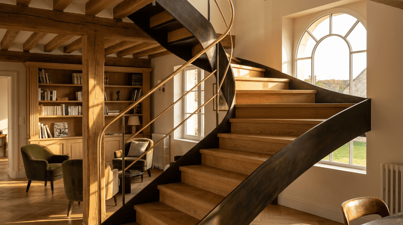 Escalier acier S235JR limon central patine bronze + marches chêne massif point de Hongrie + main courante laiton — Crepy-en-Valois (Oise 60, maison village rénovée) — AZ Construction Bruyères-sur-Oise — DTU 36.3