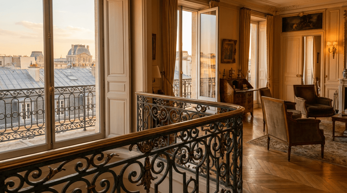 Garde-corps acier S235JR T 40×40 picots + main courante laiton patine bronze — Paris 1er arrondissement (Louvre, Tuileries, Rivoli) — AZ Construction Bruyères-sur-Oise — conformité NF P01-012