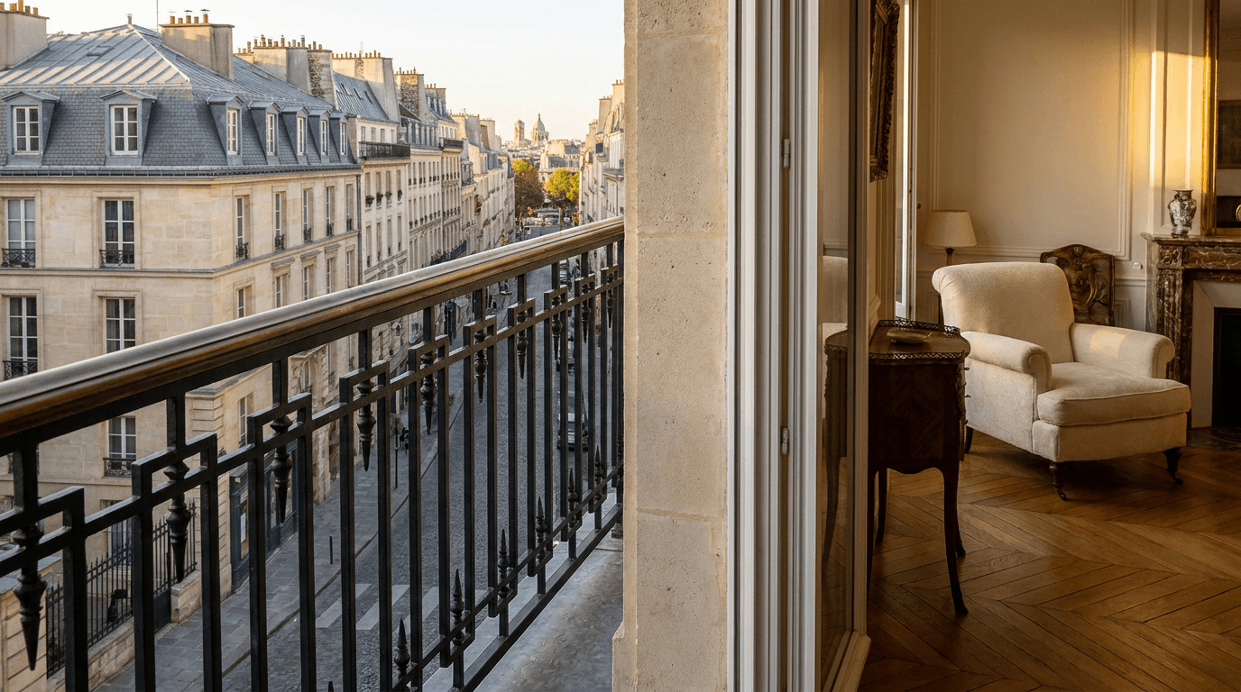Garde-corps acier S235JR T 40×40 picots + main courante laiton patine bronze — Paris 3e arrondissement Marais — AZ Construction Bruyères-sur-Oise — conformité NF P01-012