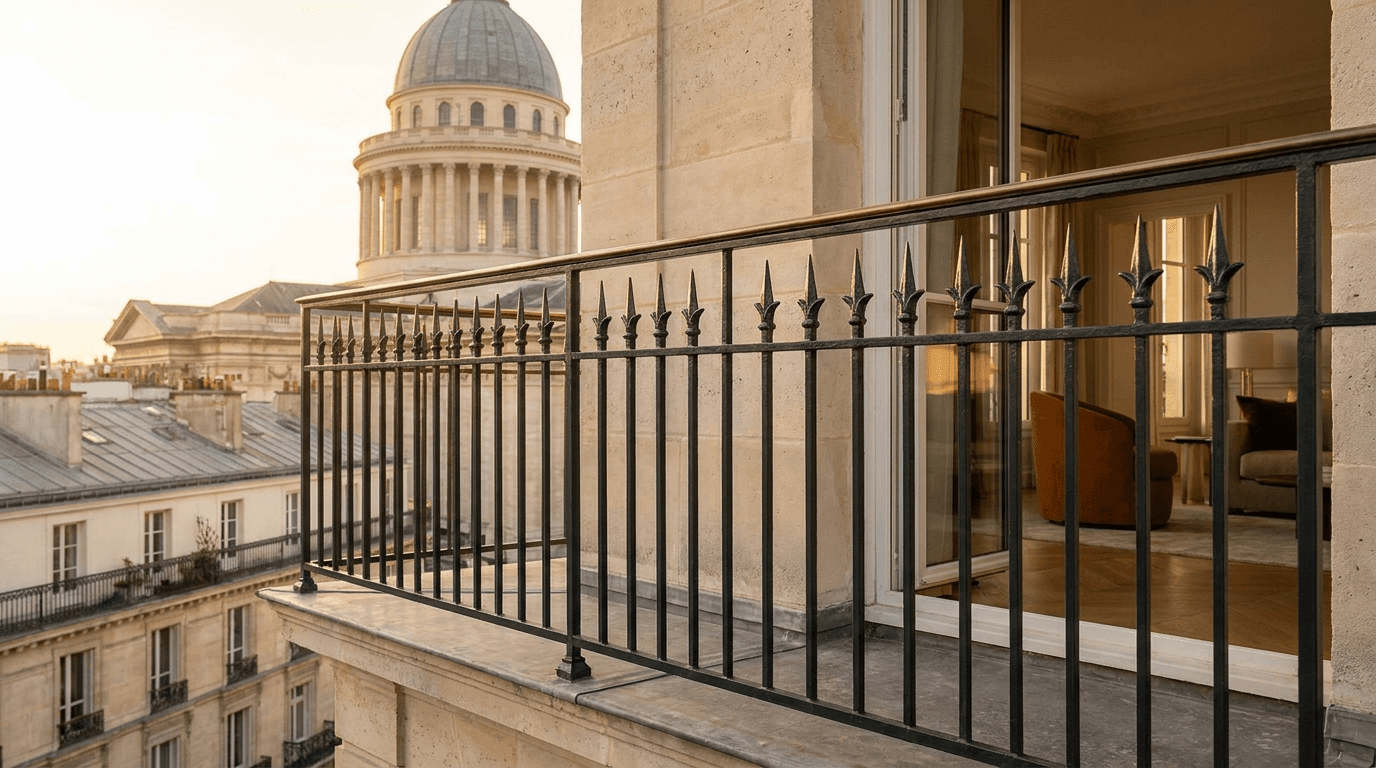 Garde-corps acier S235JR T 40×40 picots + main courante laiton patine bronze — Paris 5e arrondissement Quartier Latin Panthéon — AZ Construction Bruyères-sur-Oise — conformité NF P01-012