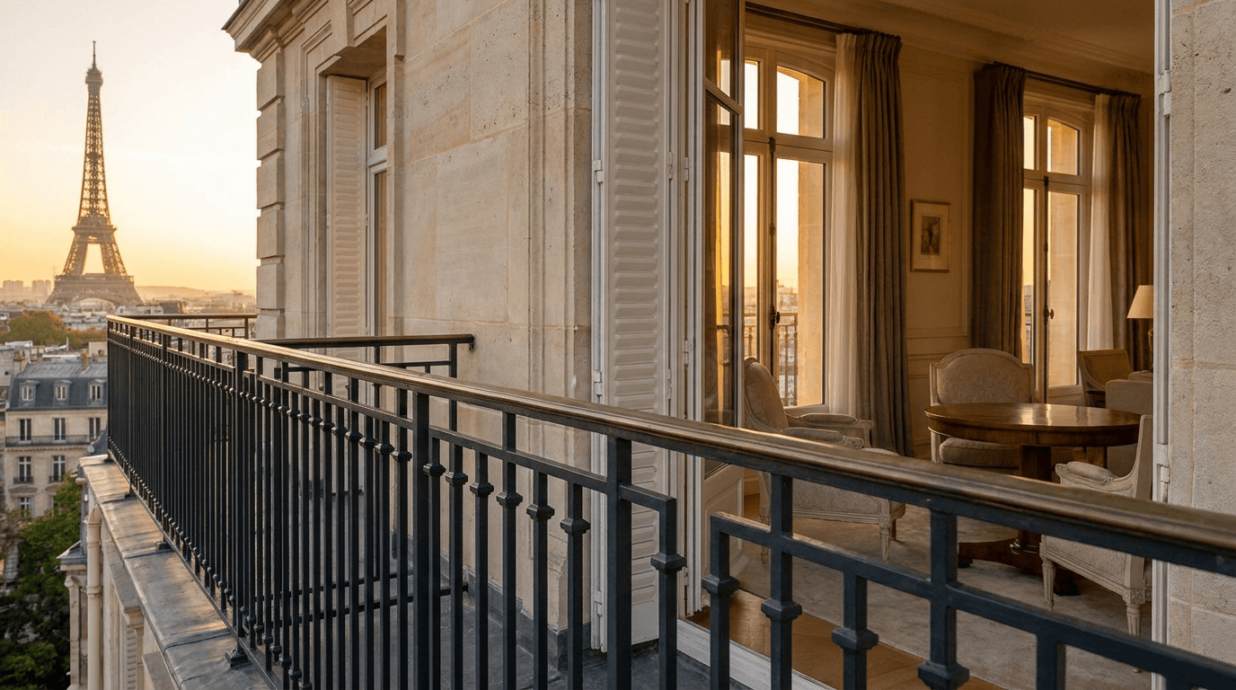 Garde-corps acier S235JR T 40×40 picots + main courante laiton patine bronze — Paris 7e arrondissement (Tour Eiffel, Invalides) — AZ Construction Bruyères-sur-Oise — conformité NF P01-012