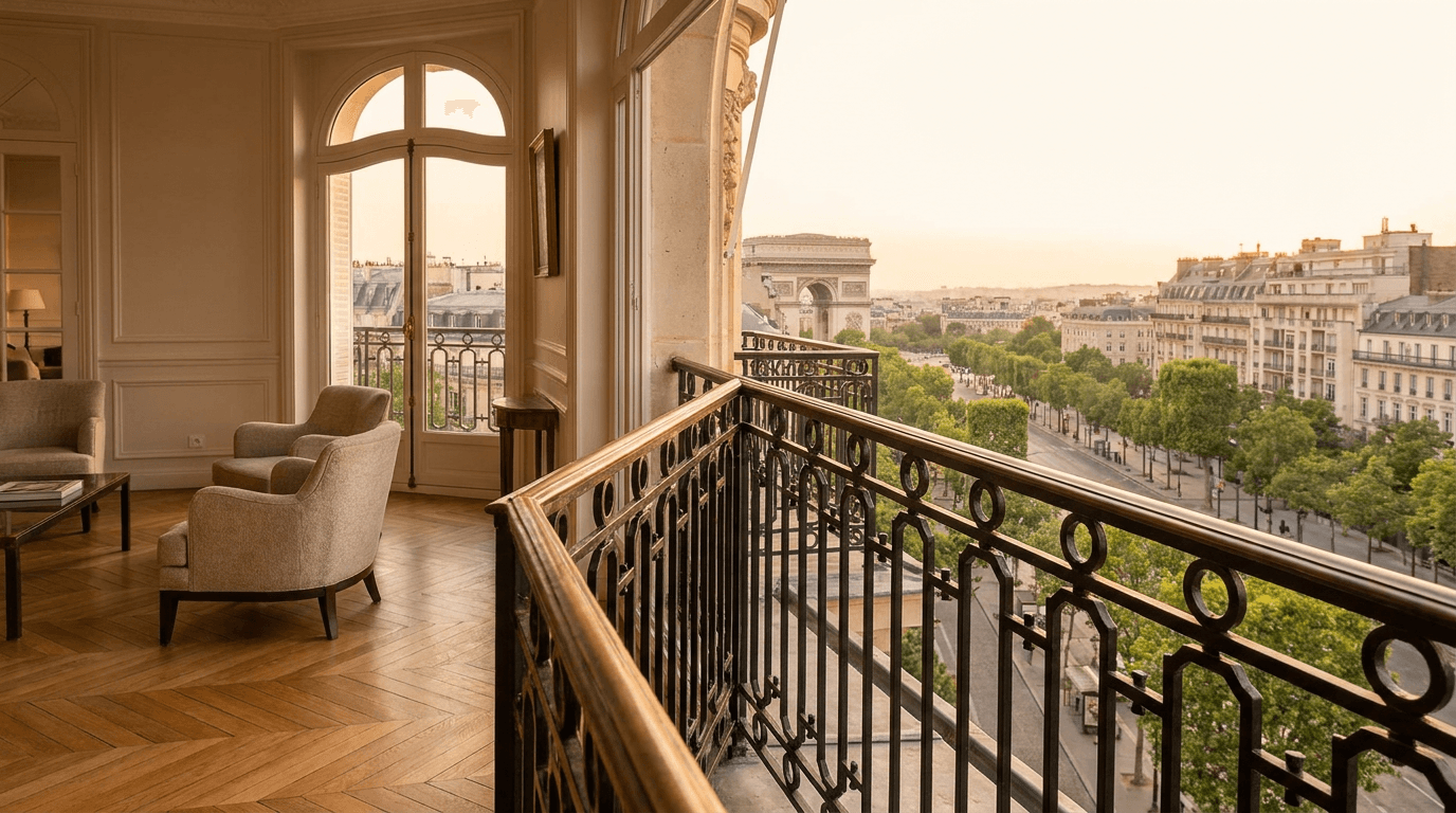 Garde-corps acier S235JR T 40×40 picots + main courante laiton patine bronze — Paris 8e arrondissement (Champs-Élysées, Madeleine) — AZ Construction Bruyères-sur-Oise — conformité NF P01-012