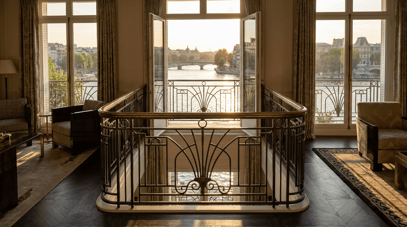 Garde-corps acier S235JR T 40×40 picots + main courante laiton patine bronze — Boulogne-Billancourt (Hauts-de-Seine 92, Art Déco Seine) — AZ Construction Bruyères-sur-Oise — NF P01-012
