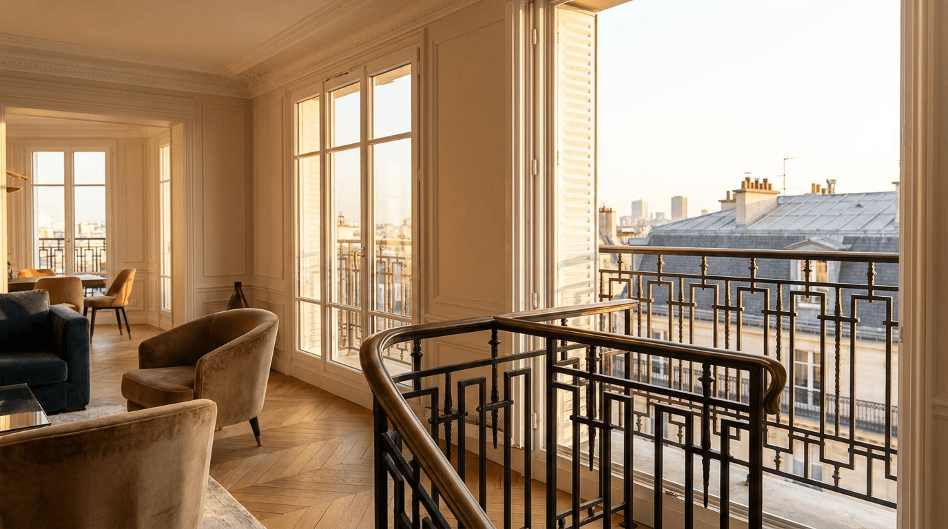 Garde-corps acier S235JR T 40×40 picots + main courante laiton patine bronze — Levallois-Perret (Hauts-de-Seine 92, Haussmannien rénové) — AZ Construction Bruyères-sur-Oise — NF P01-012