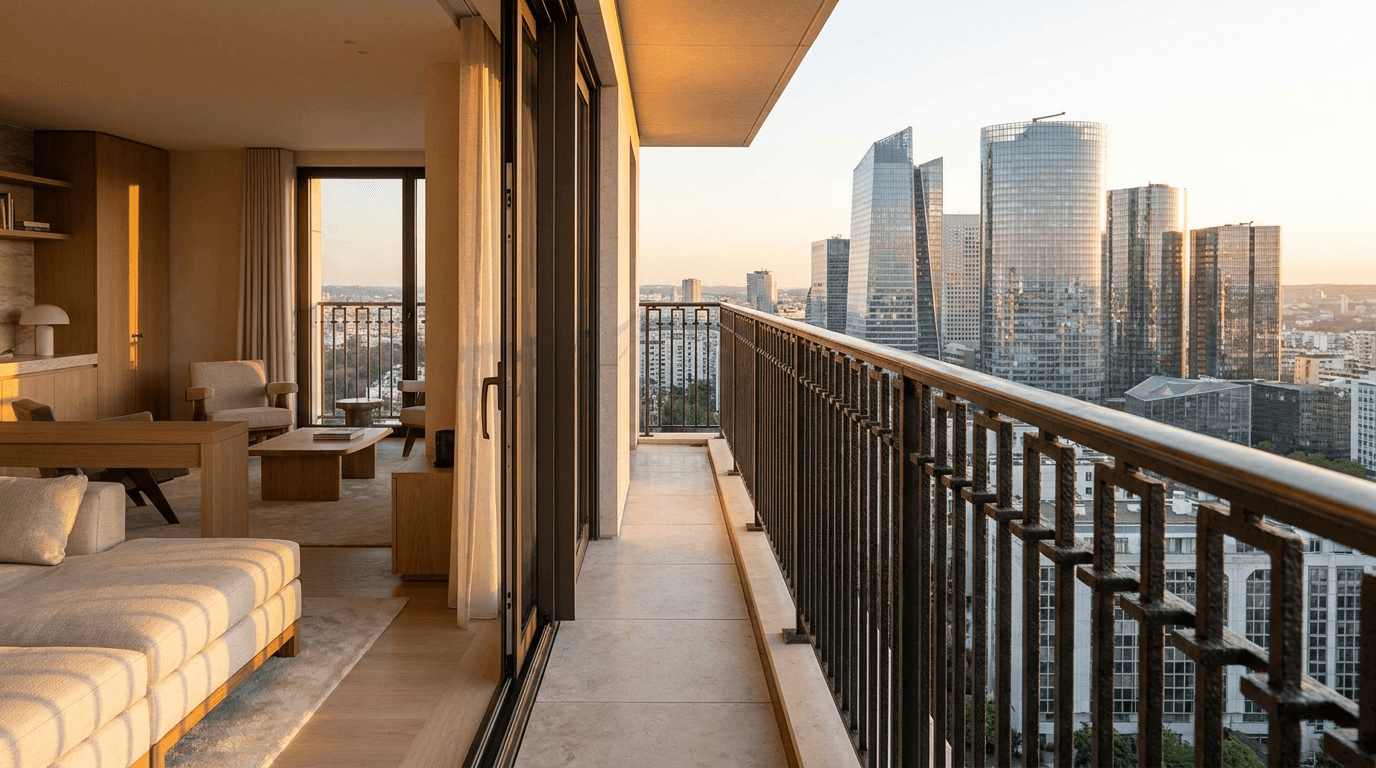 Garde-corps acier S235JR T 40×40 picots + main courante laiton patine bronze — Issy-les-Moulineaux (Hauts-de-Seine 92, contemporain vue La Défense) — AZ Construction Bruyères-sur-Oise — NF P01-012