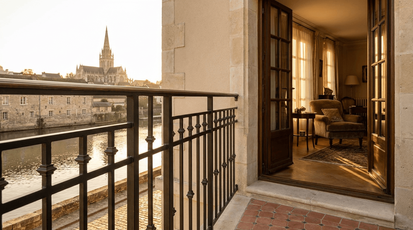 Garde-corps acier S235JR T 40×40 picots + main courante laiton patine bronze — Pontoise (Val-d’Oise 95, maison proche cathédrale Saint-Maclou) — AZ Construction Bruyères-sur-Oise — NF P01-012