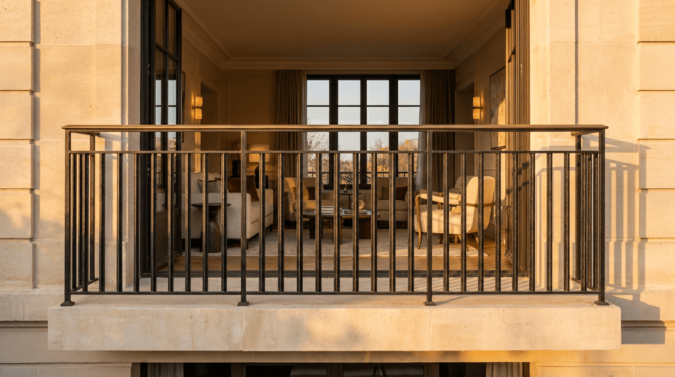 Garde-corps acier S235JR T 40×40 picots + main courante laiton patine bronze — Sarcelles (Val-d’Oise 95, maison rénovée) — AZ Construction Bruyères-sur-Oise — NF P01-012
