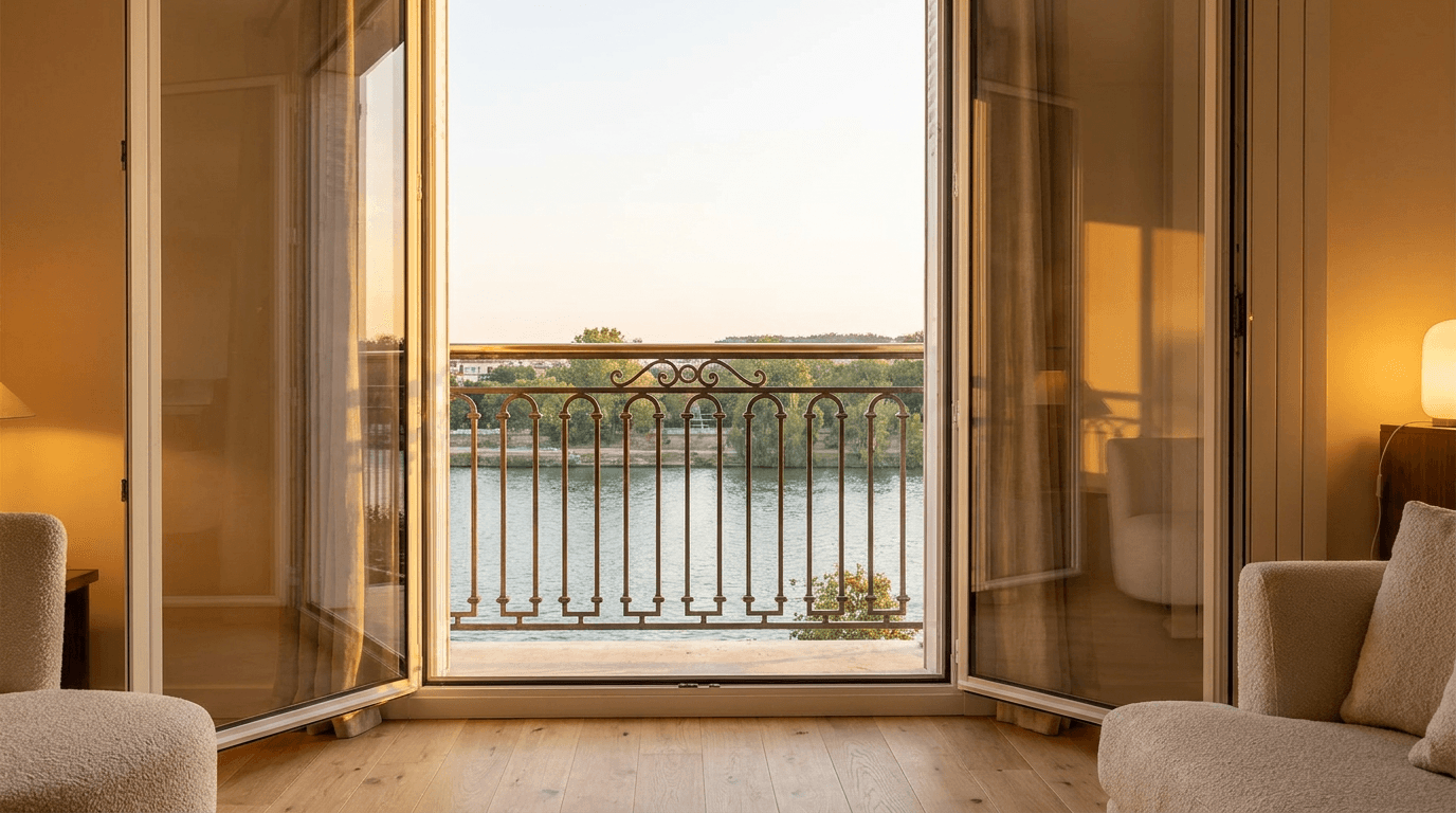 Garde-corps acier S235JR T 40×40 picots + main courante laiton patine bronze — Bezons (Val-d’Oise 95, apt bord Seine) — AZ Construction Bruyères-sur-Oise — NF P01-012