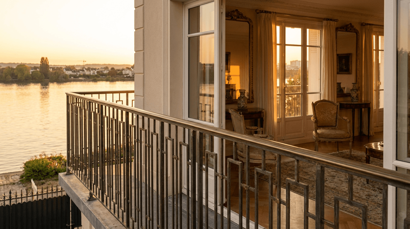Garde-corps acier S235JR T 40×40 picots + main courante laiton patine bronze — Argenteuil (Val-d’Oise 95, villa impressionniste bord Seine) — AZ Construction Bruyères-sur-Oise — NF P01-012