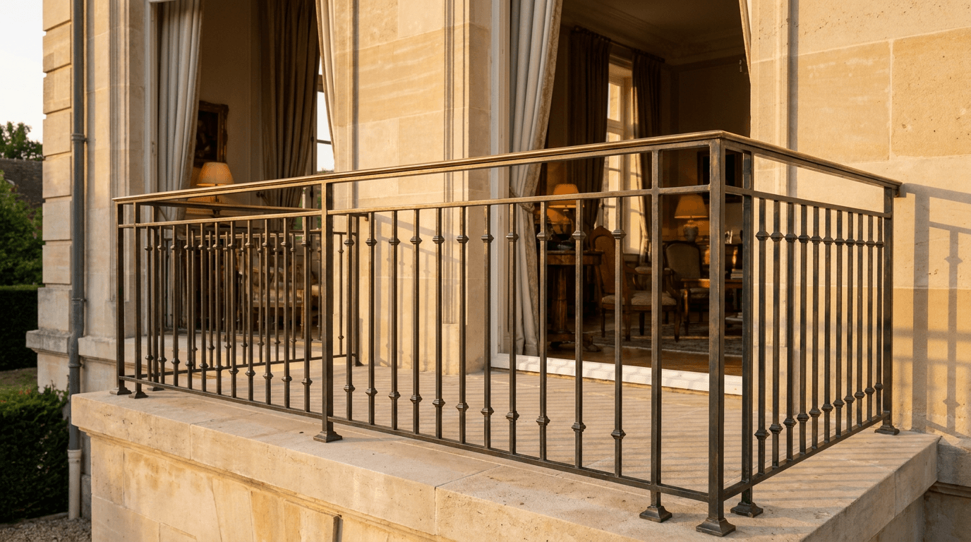 Garde-corps acier S235JR T 40×40 picots + main courante laiton patine bronze — Bruyères-sur-Oise (Val-d’Oise 95, siège AZ Construction local) — AZ Construction Bruyères-sur-Oise — NF P01-012