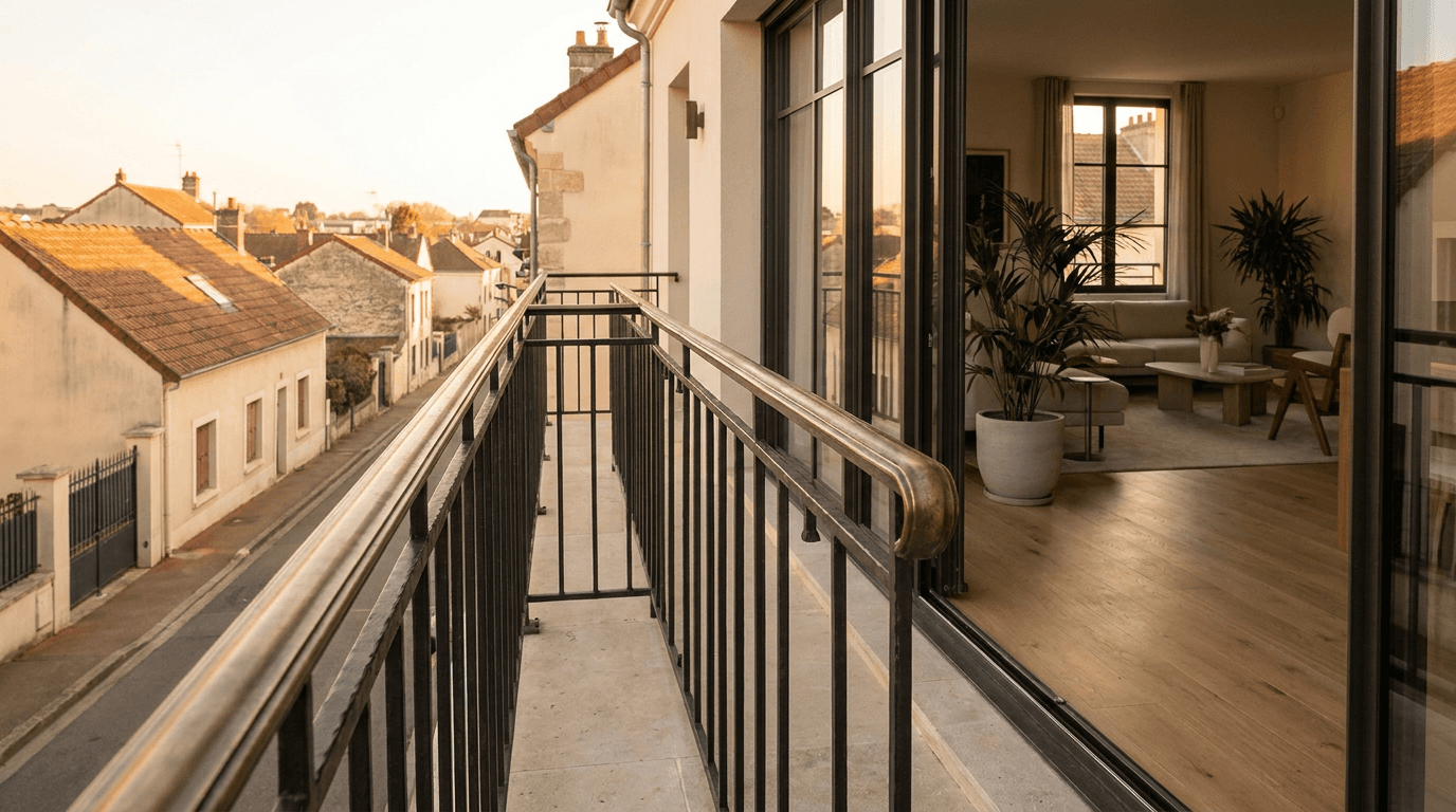 Garde-corps acier S235JR T 40×40 picots + main courante laiton patine bronze — Franconville (Val-d’Oise 95, maison rénovée) — AZ Construction Bruyères-sur-Oise — NF P01-012