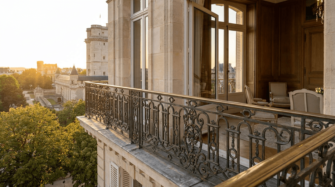 Garde-corps acier S235JR T 40×40 picots + main courante laiton patine bronze — Vincennes (Val-de-Marne 94, Haussmannien proche Château de Vincennes) — AZ Construction Bruyères-sur-Oise — NF P01-012