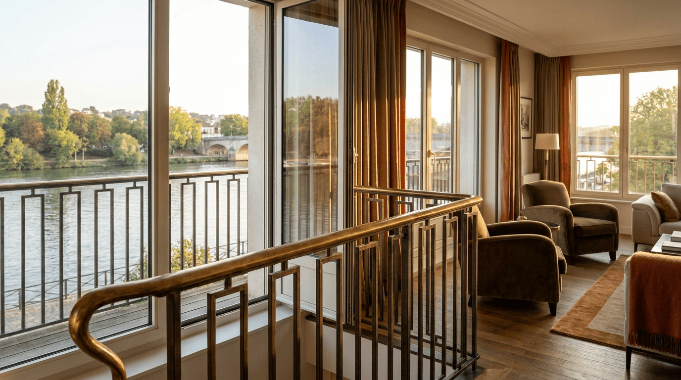 Garde-corps acier S235JR T 40×40 picots + main courante laiton patine bronze — Saint-Maur-des-Fossés (Val-de-Marne 94, Art Déco bord Marne) — AZ Construction Bruyères-sur-Oise — NF P01-012