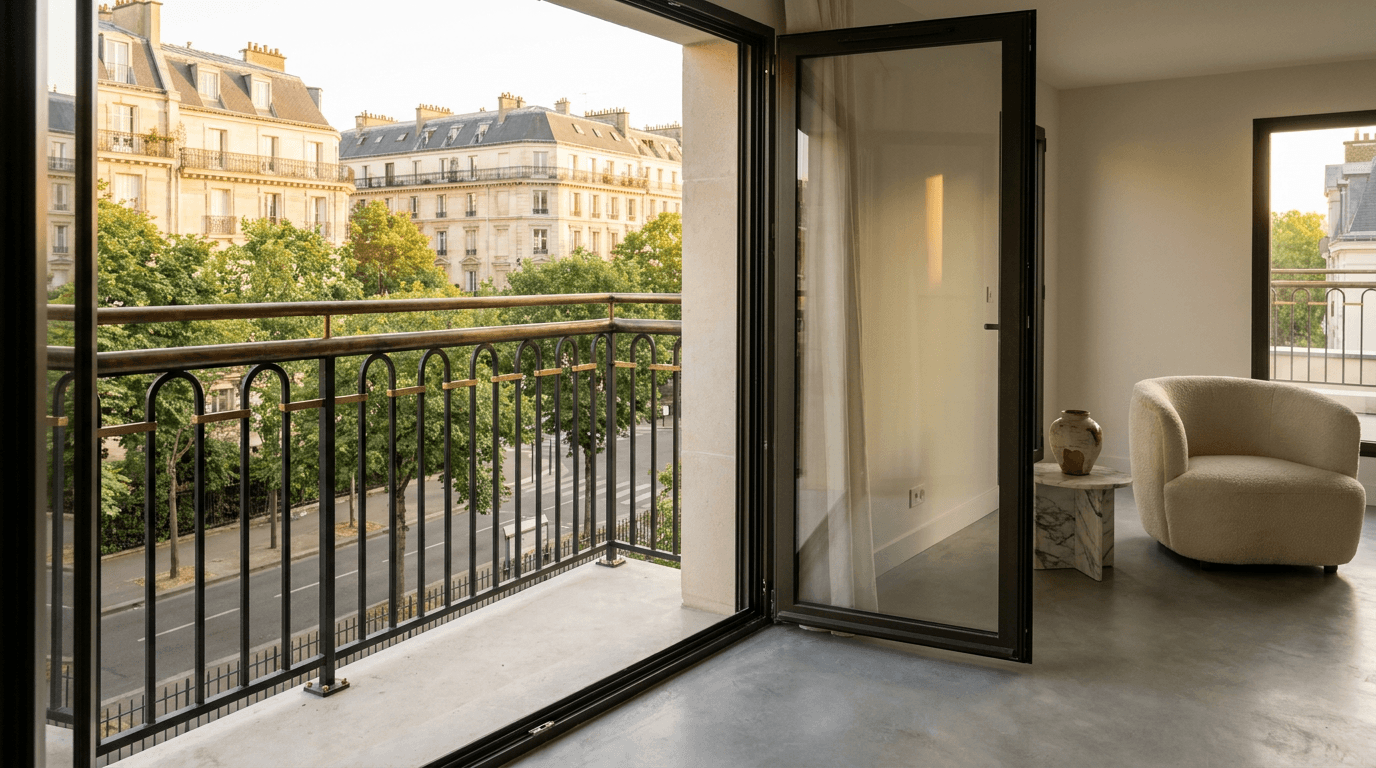 Garde-corps acier S235JR T 40×40 picots + main courante laiton patine bronze — Créteil (Val-de-Marne 94, apt rénové) — AZ Construction Bruyères-sur-Oise — NF P01-012