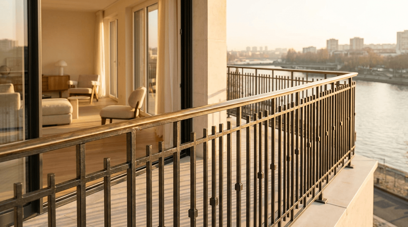 Garde-corps acier S235JR T 40×40 picots + main courante laiton patine bronze — Ivry-sur-Seine (Val-de-Marne 94, apt rénové bord Seine) — AZ Construction Bruyères-sur-Oise — NF P01-012