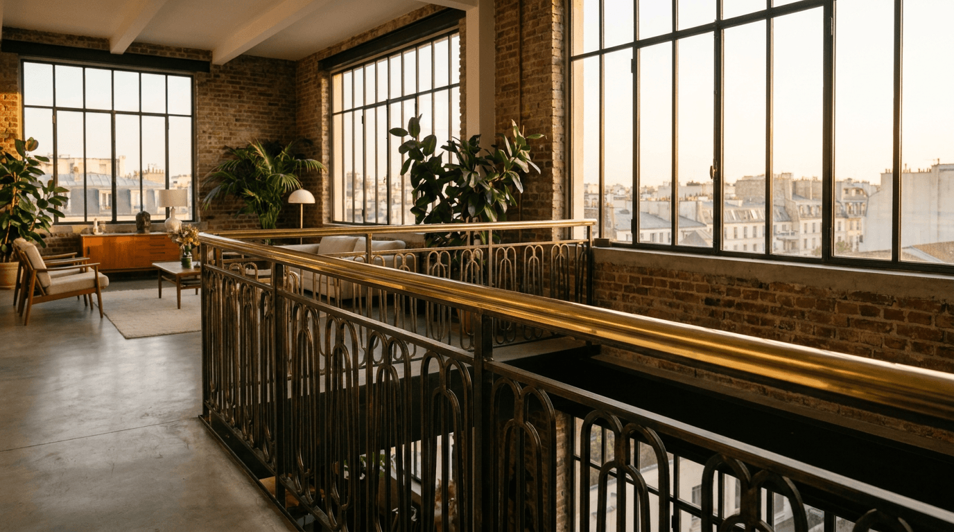 Garde-corps acier S235JR T 40×40 picots + main courante laiton patine bronze — Saint-Denis (Seine-Saint-Denis 93, loft industriel rénové) — AZ Construction Bruyères-sur-Oise — NF P01-012