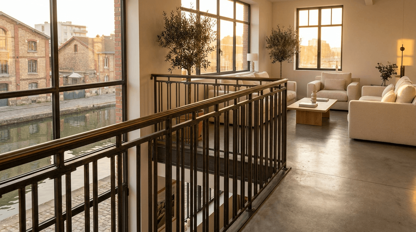 Garde-corps acier S235JR T 40×40 picots + main courante laiton patine bronze — Pantin (Seine-Saint-Denis 93, loft canal Ourcq) — AZ Construction Bruyères-sur-Oise — NF P01-012