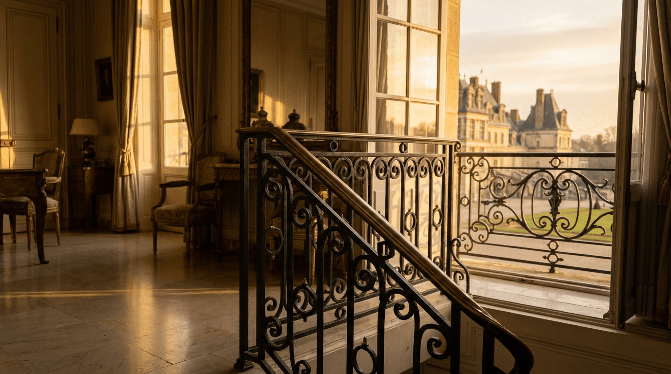 Garde-corps acier S235JR T 40×40 picots + main courante laiton patine bronze — Fontainebleau (Seine-et-Marne 77, hôtel particulier proche Château) — AZ Construction Bruyères-sur-Oise — NF P01-012