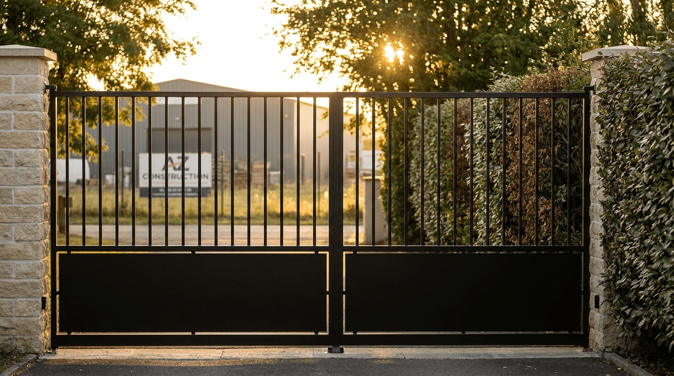 Portail acier S235JR galvanisé + thermolaqué Qualicoat noir RAL 9005 double battant — Bruyères-sur-Oise (Val-d’Oise 95, atelier siège AZ Construction) — AZ Construction Bruyères-sur-Oise — DTU 34.1
