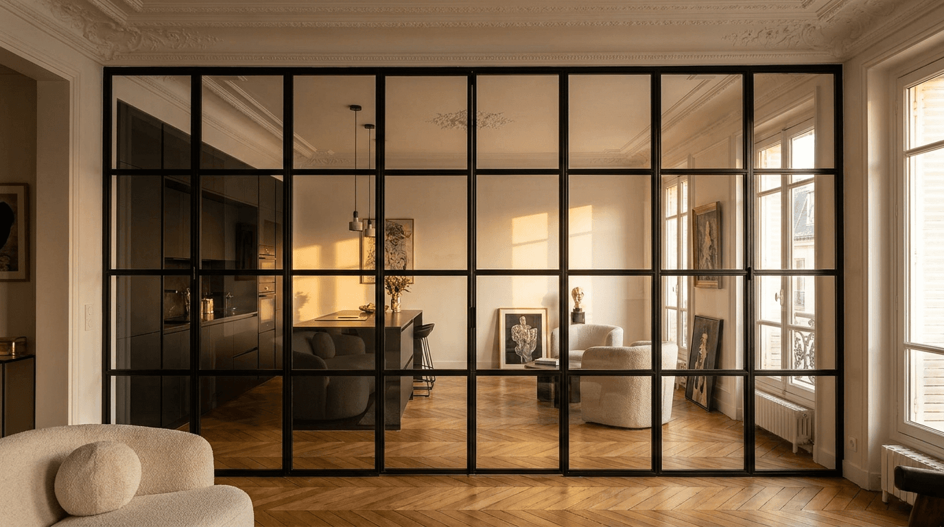 Verrière atelier acier S235JR thermolaqué noir mat RAL 9005 + verre clair trempé 6mm grille 4x6 — Paris 11e arrondissement (Bastille) — AZ Construction Bruyères-sur-Oise — Soudure TIG niveau pro