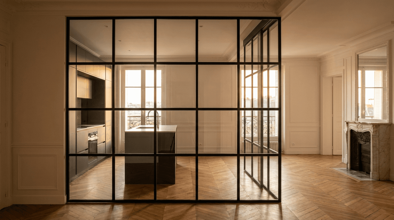 Verrière atelier acier S235JR thermolaqué noir mat RAL 9005 + verre clair trempé 6mm grille 4x6 — Paris 12e arrondissement (Bastille) — AZ Construction Bruyères-sur-Oise — Soudure TIG niveau pro