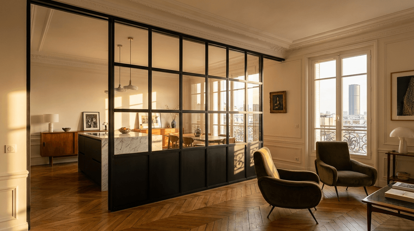 Verrière atelier acier S235JR thermolaqué noir mat RAL 9005 + verre clair trempé 6mm grille 4x6 — Paris 15e arrondissement (Tour Montparnasse) — AZ Construction Bruyères-sur-Oise — Soudure TIG niveau pro