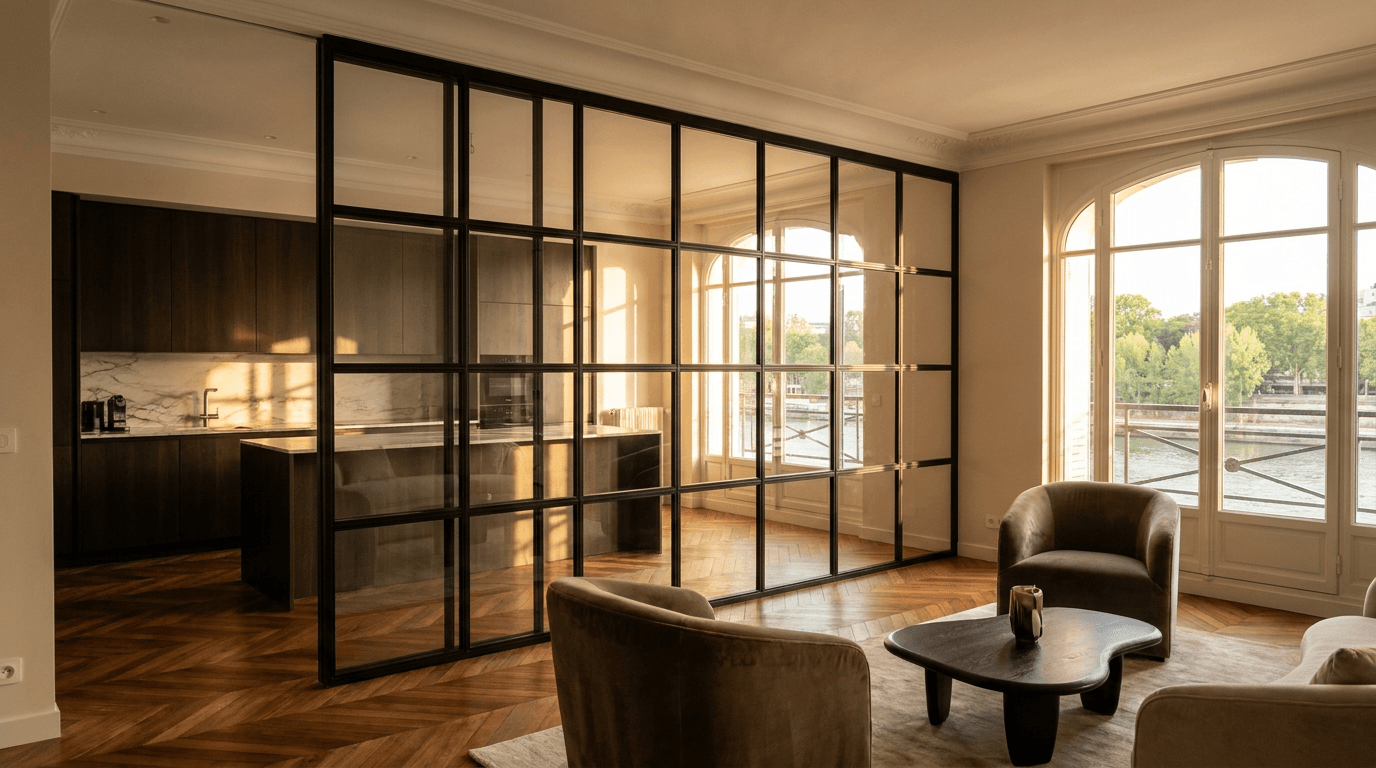 Verrière atelier acier S235JR thermolaqué noir mat RAL 9005 + verre clair trempé 6mm grille 4x6 — Boulogne-Billancourt (Hauts-de-Seine 92, Art Déco Seine) — AZ Construction Bruyères-sur-Oise — Soudure TIG niveau pro