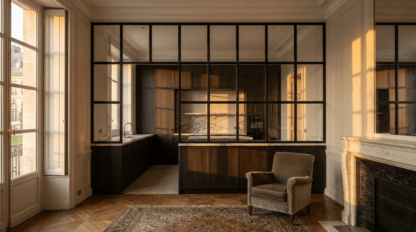 Verrière atelier acier S235JR thermolaqué noir mat RAL 9005 + verre clair trempé 6mm grille 4x6 — Versailles (Yvelines 78, hôtel particulier Château) — AZ Construction Bruyères-sur-Oise — Soudure TIG niveau pro