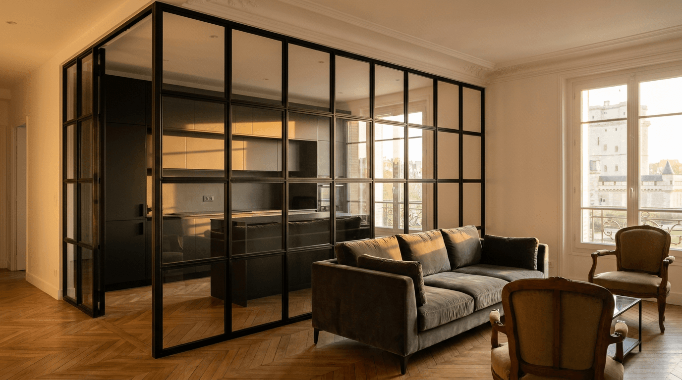 Verrière atelier acier S235JR thermolaqué noir mat RAL 9005 + verre clair trempé 6mm grille 4x6 — Vincennes (Val-de-Marne 94, Haussmannien Château) — AZ Construction Bruyères-sur-Oise — Soudure TIG niveau pro