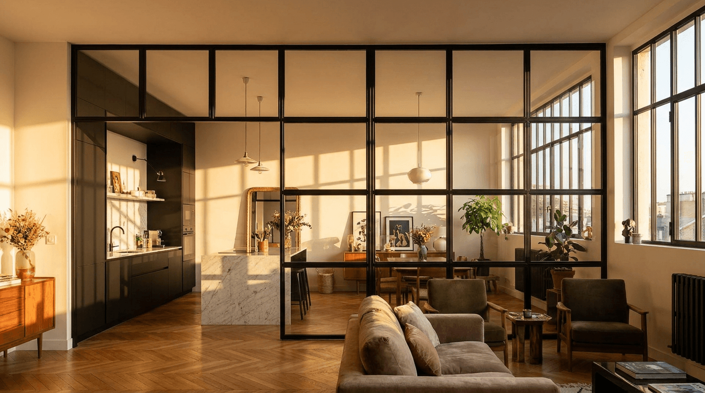 Verrière atelier acier S235JR thermolaqué noir mat RAL 9005 + verre clair trempé 6mm grille 4x6 — Saint-Denis (Seine-Saint-Denis 93, loft industriel) — AZ Construction Bruyères-sur-Oise — Soudure TIG niveau pro