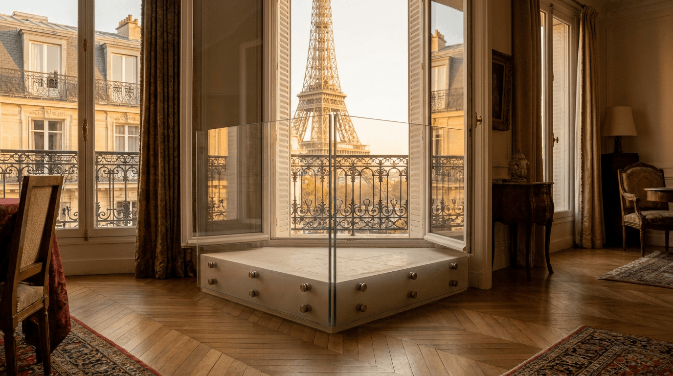 Garde-corps verre trempé feuilleté SP10 + stand-offs inox 316L — Paris 7e arrondissement (Tour Eiffel, Invalides) — AZ Construction Bruyères-sur-Oise — NF P01-012 + verre EN 12150