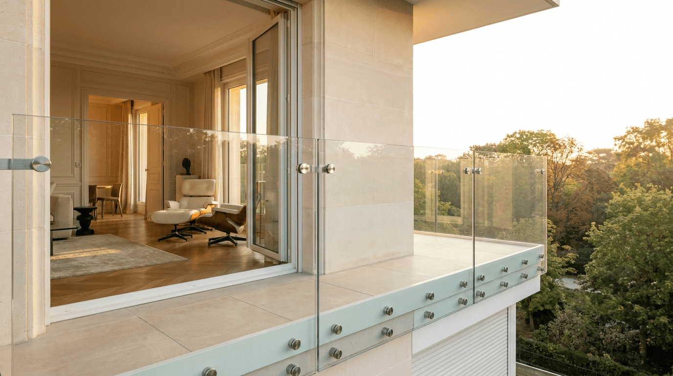 Garde-corps verre trempé feuilleté SP10 + stand-offs inox 316L — Neuilly-sur-Seine (Hauts-de-Seine 92, Haussmannien Bois de Boulogne) — AZ Construction Bruyères-sur-Oise — NF P01-012 + verre EN 12150