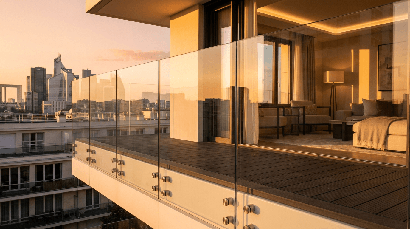 Garde-corps verre trempé feuilleté SP10 + stand-offs inox 316L — Issy-les-Moulineaux (Hauts-de-Seine 92, vue La Défense) — AZ Construction Bruyères-sur-Oise — NF P01-012 + verre EN 12150