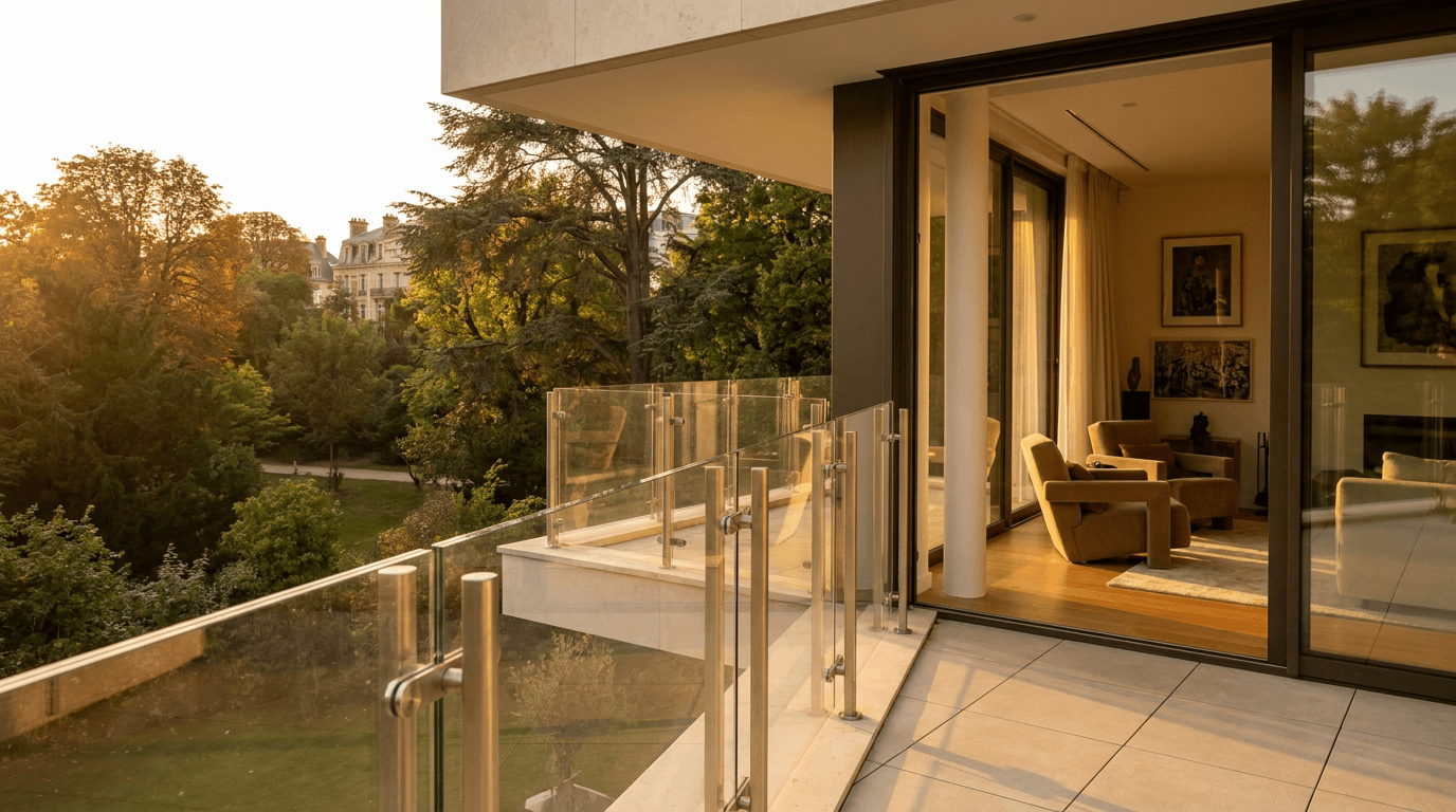Garde-corps verre trempé feuilleté SP10 + stand-offs inox 316L — Saint-Cloud (Hauts-de-Seine 92, villa parc) — AZ Construction Bruyères-sur-Oise — NF P01-012 + verre EN 12150