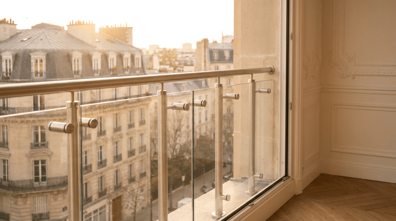 Garde-corps verre trempé feuilleté SP10 + stand-offs inox 316L — Levallois-Perret (Hauts-de-Seine 92, Haussmannien rénové) — AZ Construction Bruyères-sur-Oise — NF P01-012 + verre EN 12150
