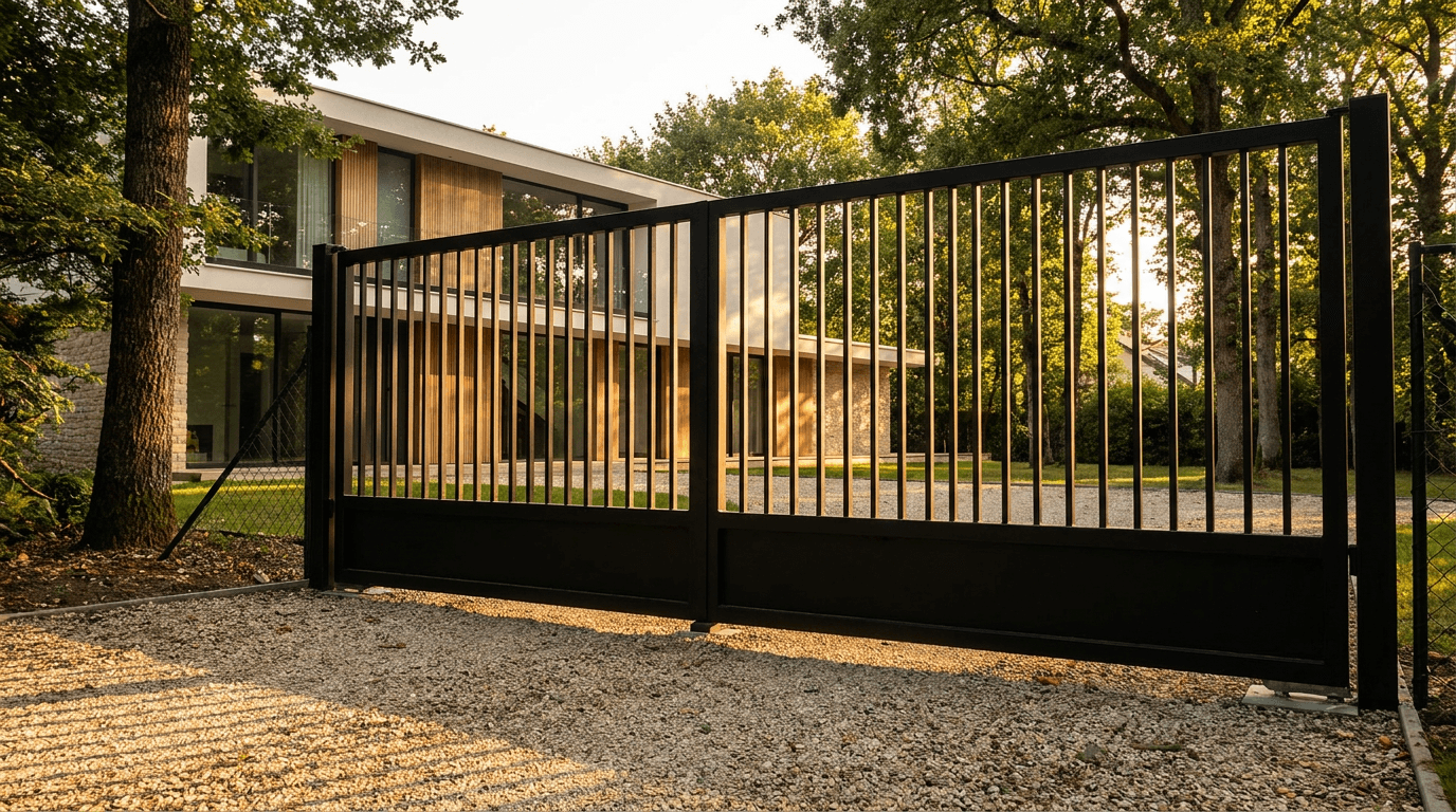 Portail acier S235JR galvanisé + thermolaqué Qualicoat noir RAL 9005 double battant — Créteil (Val-de-Marne 94, maison rénovée) — AZ Construction Bruyères-sur-Oise — DTU 34.1