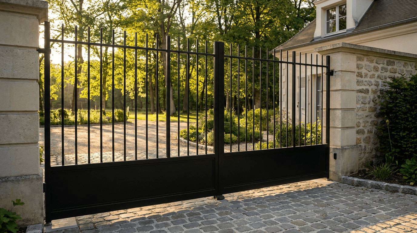 Portail acier S235JR galvanisé + thermolaqué Qualicoat noir RAL 9005 double battant — Charenton-le-Pont (Val-de-Marne 94, proche Bois de Vincennes) — AZ Construction Bruyères-sur-Oise — DTU 34.1