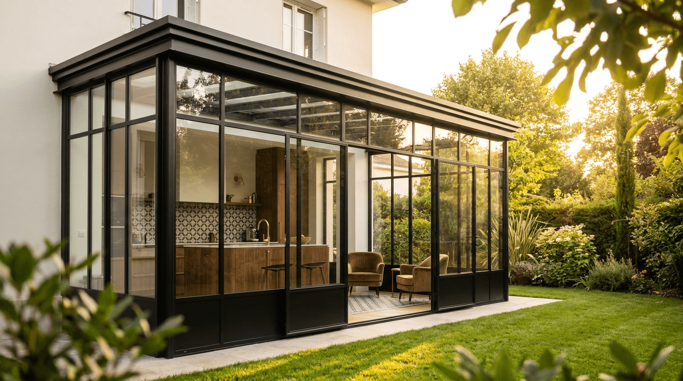 Véranda extension acier S235JR IPN 80x40 + vitrage Cool-Lite SKN 165 RE2020 — Boulogne-Billancourt (Hauts-de-Seine 92, Art Déco bord Seine) — AZ Construction Bruyères-sur-Oise — RE2020 + DTU 39