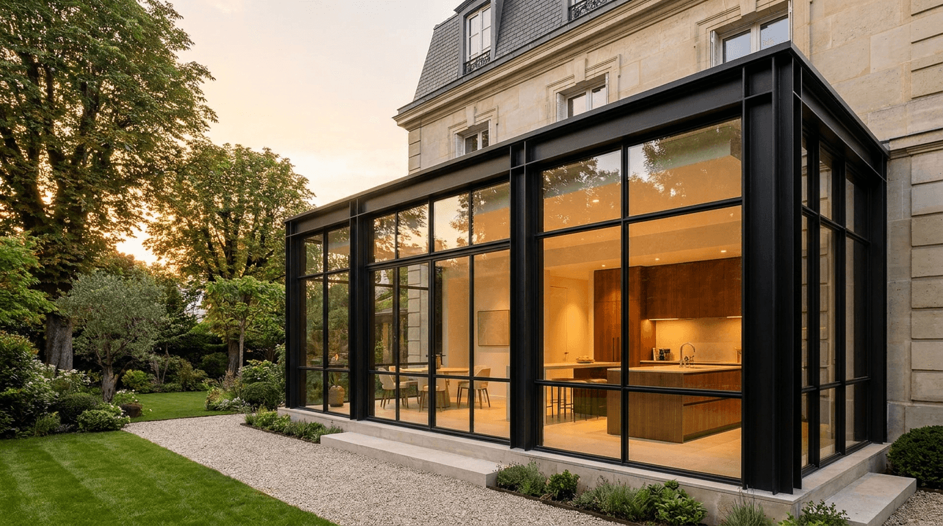 Véranda extension acier S235JR IPN 80x40 + vitrage Cool-Lite SKN 165 RE2020 — Cergy (Val-d’Oise 95, contemporain) — AZ Construction Bruyères-sur-Oise — RE2020 + DTU 39
