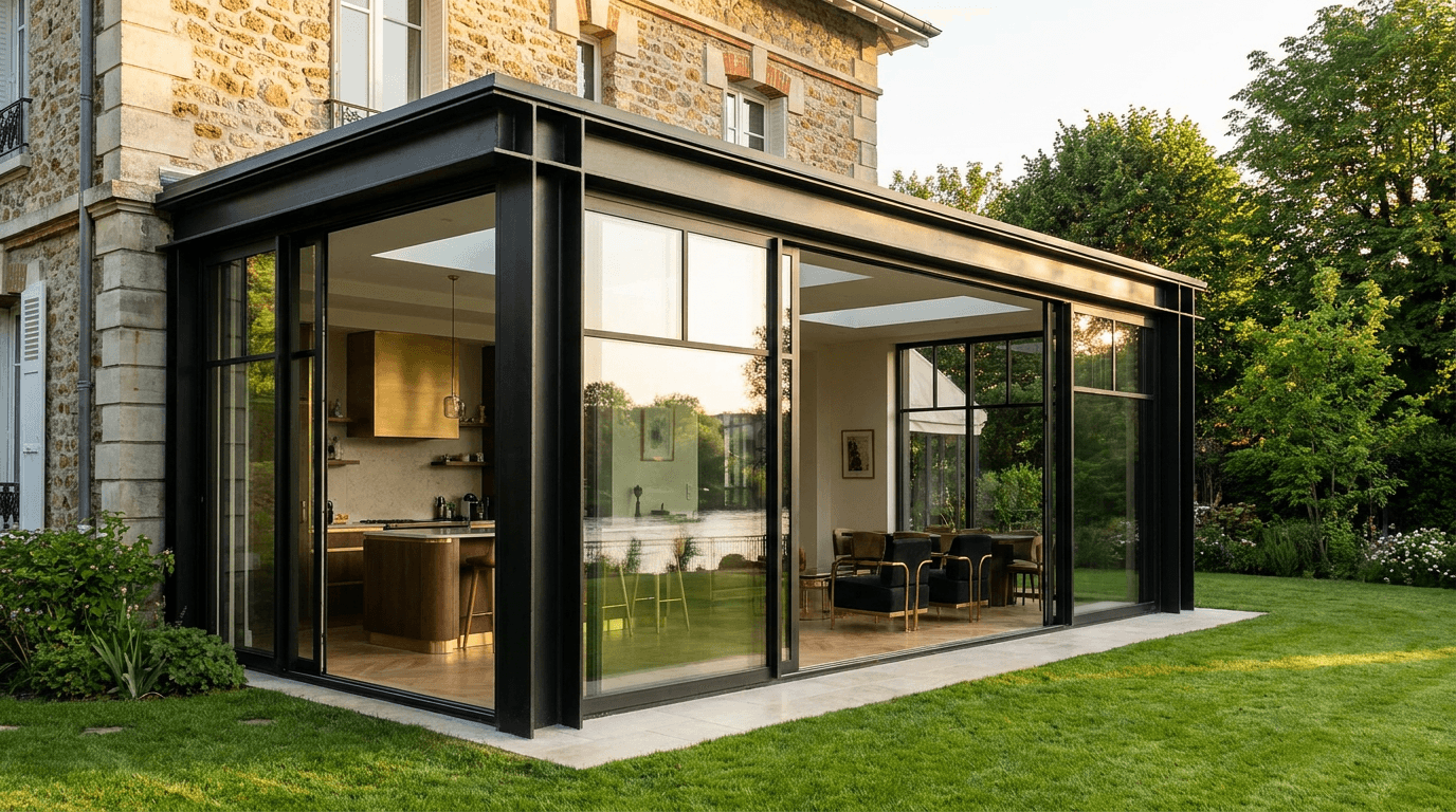 Véranda extension acier S235JR IPN 80x40 + vitrage Cool-Lite SKN 165 RE2020 — Saint-Maur-des-Fossés (Val-de-Marne 94, Art Déco bord Marne) — AZ Construction Bruyères-sur-Oise — RE2020 + DTU 39